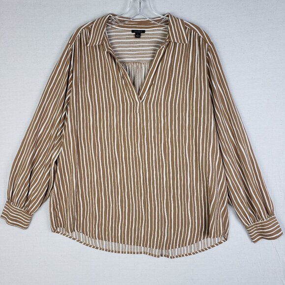 Ann Taylor Popover Top Blouse Striped Latte Brown White Rayon V-neck size XL - Picture 1 of 11